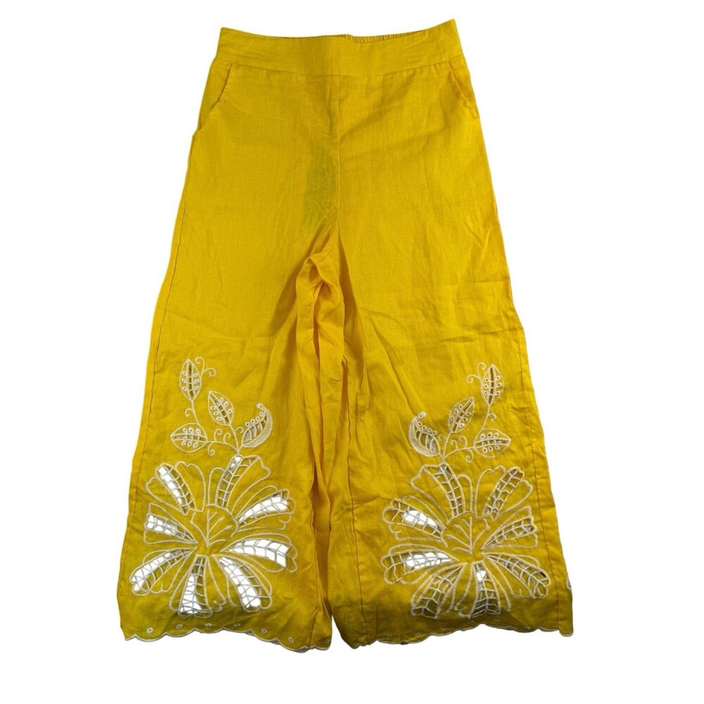 Christian Siriano Yellow Linen Embroidered Eyelet 2 Piece Crop Top Pants Set M - Picture 4 of 12